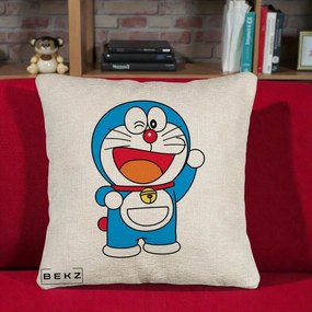 Perna Personalizata Doraemon Salutand, 40x40 cm, Bej Canapea, Husa Detasabila, Perna Inclusa, BEKZ®