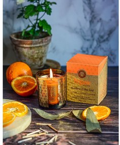 Lumânare aromată organică Mandarin &amp; Bay Leaf200 g în sticlă cu folie aurie