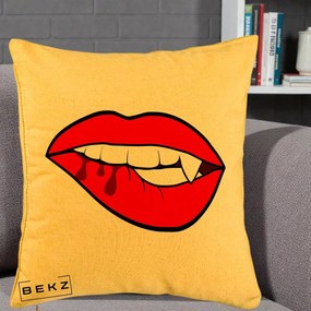 Perna Decorativa Vampire Lips Halloween, 40x40 cm, Galben, Husa Detasabila, Perna Inclusa, BEKZ®