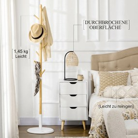 HOMCOM Cuier Vertical cu 8 Cârlige cu Bază Rotundă din Bambus, Lemn și Metal, Ø37,8x175,6 cm, Lemn Natural | Aosom Romania