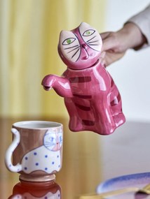 Set 4 căni din ceramică artizanală, multicolor, pictate manual cu pisici și buline, 8,5x9 cm, 325 ml, „Missy"