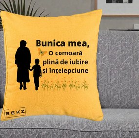 Cadou pentru Bunica - Perna Personalizata Bunica Mea Comoara cu Fluture si Baietel, 40x40 cm, Galben, Husa Detasabila, Perna Inclusa, BEKZ®
