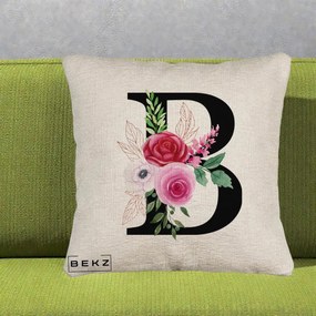 Cadou Personalizat - Perna Personalizata Monograma Florala Litera B, 40x40 cm, Bej Canapea, Husa Detasabila, Perna Inclusa, BEKZ®