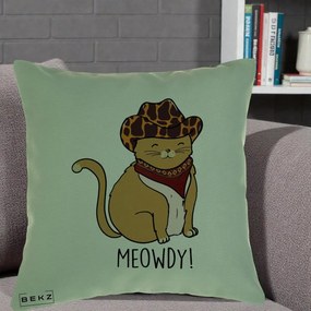 Perna Decorativa Pisica Cowboy Meowdy, 40x40 cm, Verde, Husa Detasabila, Perna Inclusa, BEKZ®