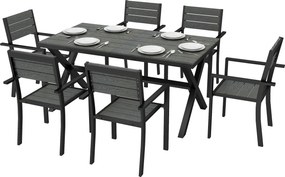 Outsunny Set de Masă pentru Exterior 7 Piese pentru 6 Persoane, Masă și Scaune Stivuite cu Lamele Efect Lemn, Cadru din Aluminiu, Gri | Aosom Romania