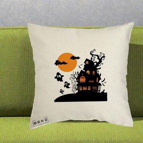 Perna Decorativa Halloween Casa Bantuita cu Fantome, 40x40 cm, Ecru, Husa Detasabila, Perna Inclusa, BEKZ®