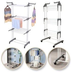 Suport vertical, pliabil, pentru uscat rufe, SU02, alb-gri, 3 niveluri, 6 brațe pliabile,, eCarla