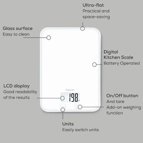 Cântar de bucătărie Beurer KS 19 Pure White, până la 5 kg, funcție TARE, comandă tactilă, ecran LCD, sticlă, ultra-subțire, roșu