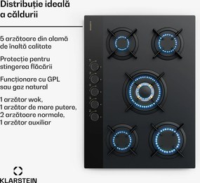 Klarstein Goldflame Nano plită pe gaz, 5 arzătoare din alamă, Strat Nano, GPL/gaz natural
