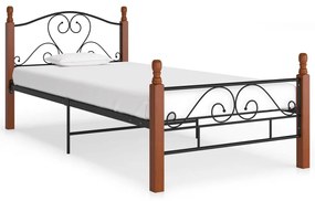 Cadru de pat, negru, 90x200 cm, metal black and dark wood, 90 x 200 cm