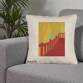 Perna Decorativa Scari Toamna Peisaj Grafic, 40x40 cm, Bej Canapea, Husa Detasabila, Perna Inclusa, BEKZ®