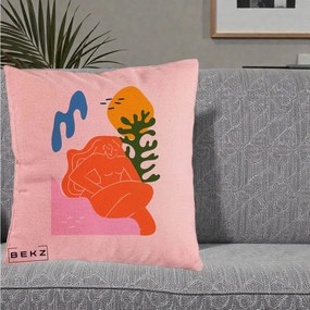 Perna Decorativa Femeie Portocalie Relaxata, 40x40 cm, Roz, Husa Detasabila, Perna Inclusa, BEKZ®