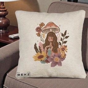 Perna Decorativa Fata Ciuperca Boho Florala, 40x40 cm, Bej Canapea, Husa Detasabila, Perna Inclusa, BEKZ®