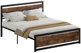 HOMCOM Cadru Pat Matrimonial din Lemn si Otel 160x200cm, Sipci Integrate si Tetiera in Stil Industrial, Negru Maro Rustic