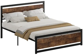 HOMCOM Cadru Pat Matrimonial din Lemn si Otel 160x200cm, Sipci Integrate si Tetiera in Stil Industrial, Negru Maro Rustic