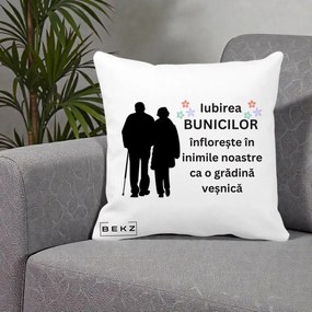 Cadou pentru Bunici - Perna Personalizata Bunicii Iubirea Infloreste Silueta Neagra Flori, 40x40 cm, Alba Mata, Husa Detasabila, Perna Inclusa, BEKZ®