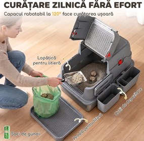 PawHut Litieră pentru Pisici 3 în 1, Închisă, 49 l, din Oțel Inoxidabil, cu Capac, Lopățică, Treaptă, 2 Cutii, Gri | Aosom Romania
