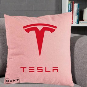 Perna Personalizata cu emblema Tesla, 40x40 cm, Roz, Husa Detasabila, Perna Inclusa, BEKZ®