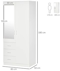 HOMCOM Dulap Garderobă Modern cu Oglindă și 3 Sertare, Rafturi Reglabile, Bară Umerașe, 80x50x180cm, Alb | Aosom Romania