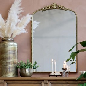Oglindă de perete din metal cu decor floral, H91x61 cm, finisaj alamă antichizată, „Margot”