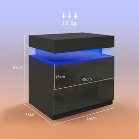 HOMCOM Masă de noapte neagră cu lumină LED, Front lucios cu 2 sertare, pentru Sufragerie, Dormitor | Aosom Romania