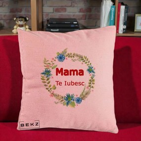 Cadou pentru Mama - Perna Personalizata Mama Te Iubesc Flori Albastre, 40x40 cm, Roz, Husa Detasabila, Perna Inclusa, BEKZ®