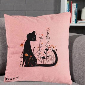 Perna Decorativa Pisica Neagra Flori Portocalii Silueta, 40x40 cm, Roz, Husa Detasabila, Perna Inclusa, BEKZ®