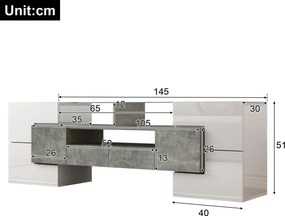 Dulap TV cu iluminare LED, suprafețe din sticlă, cu 6 uși, 2 sertare și 3 compartimente, 145x30x51 cm, Alb+Gri