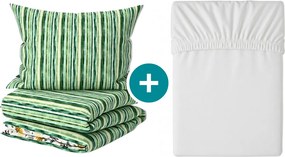 Set Lenjerie de pat din crepon TREEVELLA POLY verde + Cearsaf Jersey 180 x 200 cm alb, pat dublu