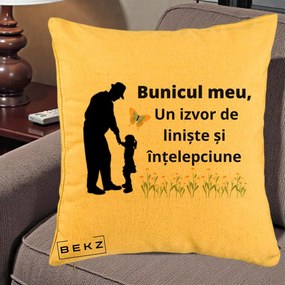 Cadou pentru Bunic - Perna Personalizata Bunicul Meu Izvor de Liniste cu Fluture si Fetita, 40x40 cm, Galben, Husa Detasabila, Perna Inclusa, BEKZ®
