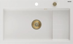 Mexen Omar chiuvetă de granit cu 1 compartiment 800 x 480 mm, alb, sifon auriu - 6520801005-20-G