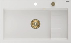 Mexen Omar chiuvetă de granit cu 1 compartiment 800 x 480 mm, alb, sifon auriu - 6520801005-20-G