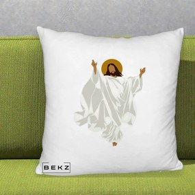Perna Decorativa Iisus Hristos Invierea Silueta Minimalista, 40x40 cm, Alb Pufos, Husa Detasabila, Perna Inclusa, BEKZ®