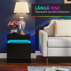 HOMCOM Set 2 Noptiere cu LED și 4 Moduri, 2 Sertare, Lemn, 45x35x52 cm, Negru Lucios | Aosom Romania