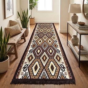 Traversa hol tesuta traditional, 80x300 cm, 2 fete, geometric, maro cu bej