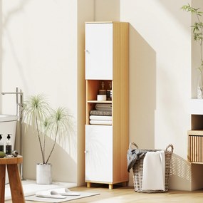 HOMCOM Dulap de Baie înalt cu Uși, 2 Rafturi Deschise, 2 Dulapuri, Dulap de Baie Economisitor de Spațiu cu Rafturi Reglabile pentru Sala de Mese Sufragerie, 30x30x166 cm, Alb și Lemn | Aosom Romania