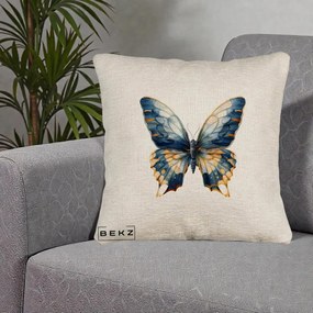 Perna Decorativa Fluture Albastru Auriu Elegant, 40x40 cm, Bej Canapea, Husa Detasabila, Perna Inclusa, BEKZ®