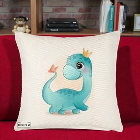 Perna Personalizata Dinozaur Bland Coroana Kawaii, 40x40 cm, Crem Reliefat, Husa Detasabila, Perna Inclusa, BEKZ®