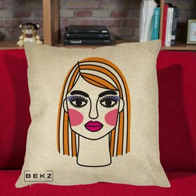 Perna Decorativa Portret Pop Art Fata, 40x40 cm, Crem, Husa Detasabila, Perna Inclusa, BEKZ®