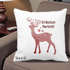 Perna Decorativa Ren Sclipitor Glitter Craciun Fericit, 40x40 cm, Alba Mata, Husa Detasabila, Perna Inclusa, BEKZ®