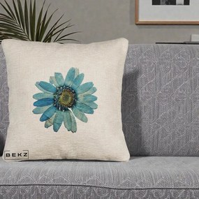 Perna Decorativa Floare Margareta Albastra Acuarela, 40x40 cm, Bej Canapea, Husa Detasabila, Perna Inclusa, BEKZ®