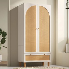 Dulap pentru haine cu 2 uși, front din ratan, sertar mare, rafturi reglabile pe înălțime și bară pentru haine, 180x85x52 cm, Alb