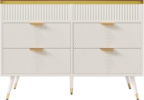 Comodă cu 6 sertare și sticlă chihlimbar, dulap înalt pentru dormitor și living, 120x40x76 cm, Alb