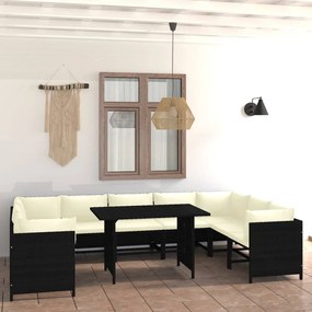 3059795 vidaXL Set mobilier de grădină cu perne, 10 piese, negru, poliratan