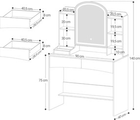 SEA910 - Set Masa toaleta 90 cm, cosmetica machiaj, oglinda cu LED, masuta vanity- Alb