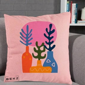 Perna Decorativa Vaze Botanice Abstract, 40x40 cm, Roz, Husa Detasabila, Perna Inclusa, BEKZ®