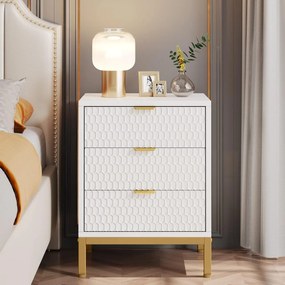NOA70 - Set 2x Noptiere 50 cm, cu 3 sertare, dormitor - Alb - Auriu