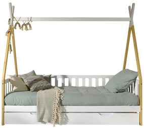 Pat pentru copii alb de tip casă din lemn masiv de pin cu spațiu de depozitare 90x200 cm TIPI – Vipack