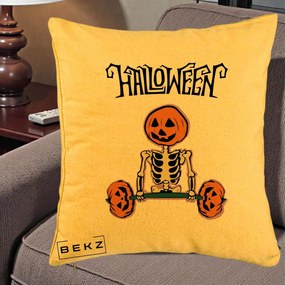 Perna Decorativa Halloween Schelet cu Cap de Dovleac Powerlifting, 40x40 cm, Galben, Husa Detasabila, Perna Inclusa, BEKZ®