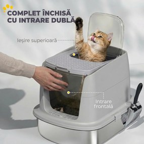 PawHut Litieră Închisă pentru Pisici din Oțel Inoxidabil, cu Capac Rabatabil, Acces Dublu și Paletă, Gri Deschis | Aosom Romania